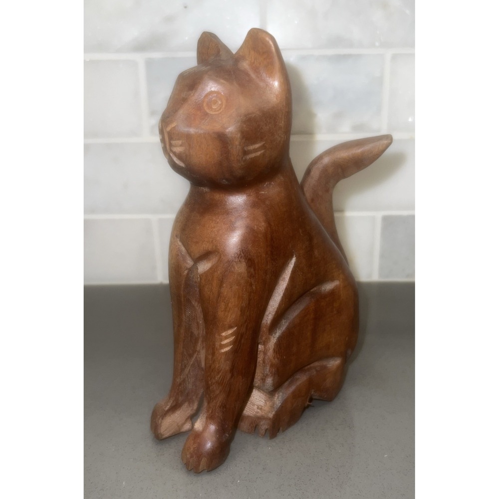 Handmade Brown Hand Carved Wooden Sitting Kitty Cat From Punta Cana